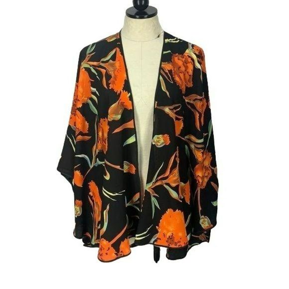Do Everything In Love‎ Woman's Black Floral Kimono Top Blouse Hawaiian Orange - Picture 1 of 7